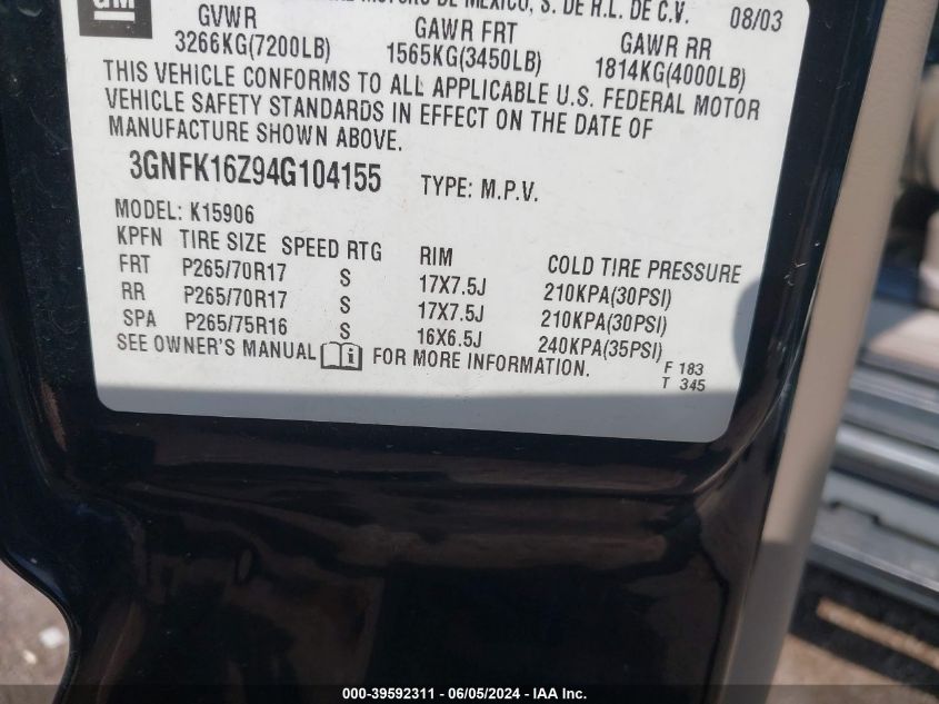 2004 Chevrolet Suburban 1500 Z71 VIN: 3GNFK16Z94G104155 Lot: 39592311