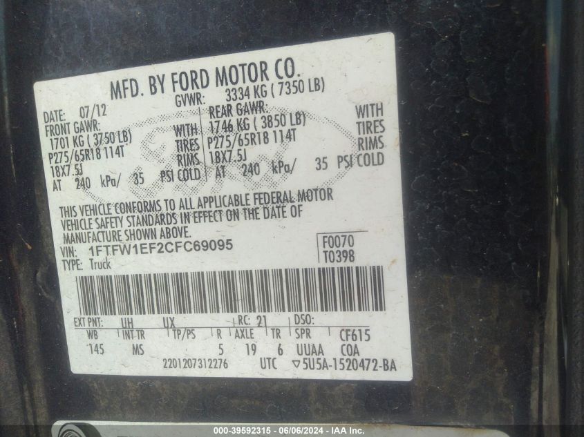 2012 Ford F-150 Xlt VIN: 1FTFW1EF2CFC69095 Lot: 39592315