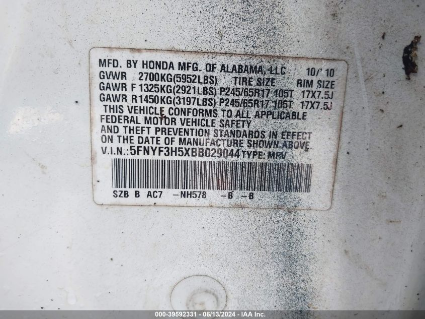 2011 Honda Pilot Ex-L VIN: 5FNYF3H5XBB029044 Lot: 39592331