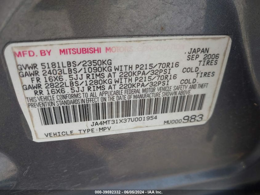 2007 Mitsubishi Outlander Ls VIN: JA4MT31X37U001954 Lot: 39592332