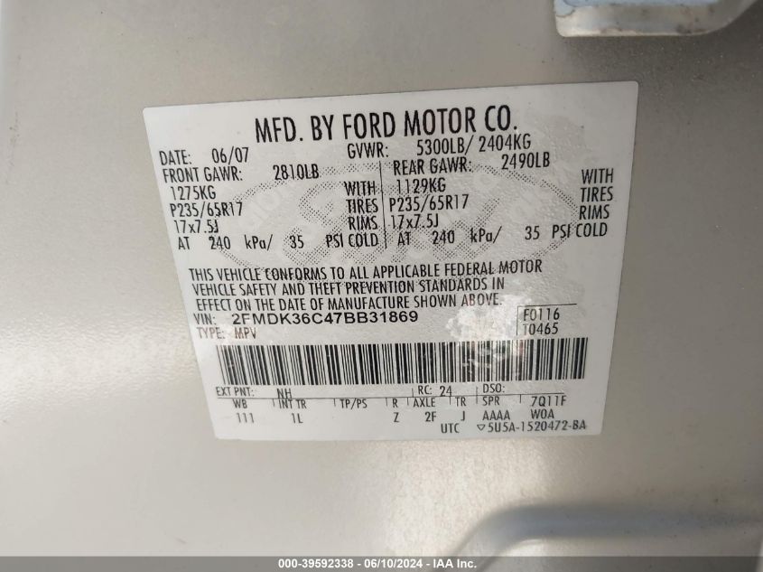 2007 Ford Edge Se VIN: 2FMDK36C47BB31869 Lot: 39592338