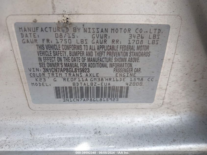 2016 Nissan Versa 1.6 S/1.6 S+/1.6 Sl/1.6 Sv VIN: 3N1CN7AP8GL815923 Lot: 39592348