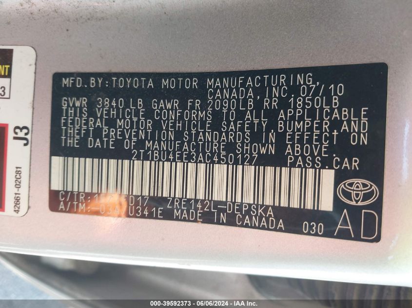 2010 Toyota Corolla S VIN: 2T1BU4EE3AC450127 Lot: 39592373