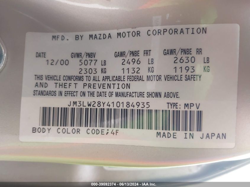 2001 Mazda Mpv Dx/Es/Lx VIN: JM3LW28Y410184935 Lot: 39592374