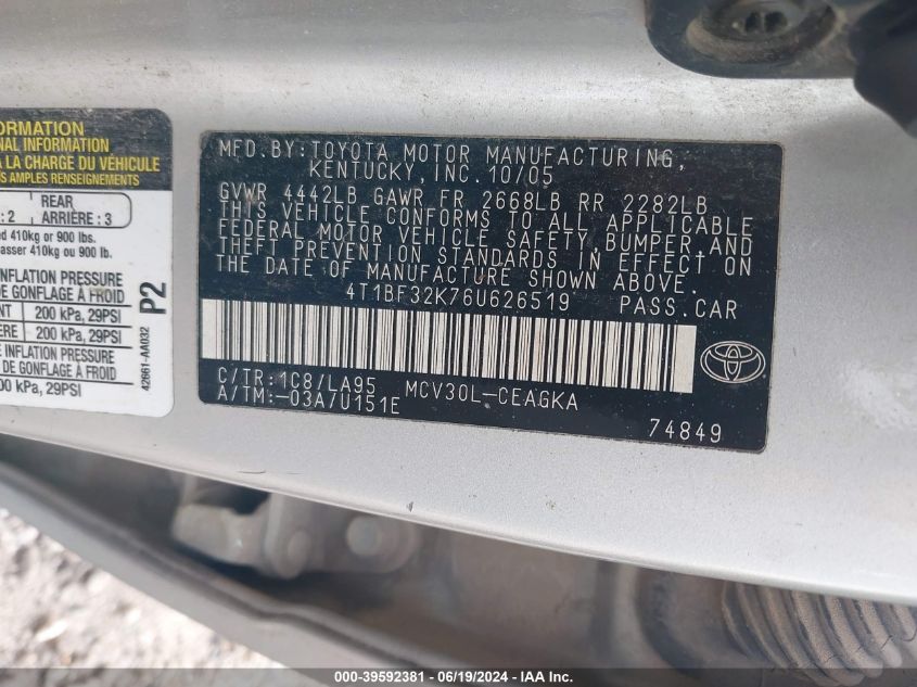 4T1BF32K76U626519 2006 Toyota Camry Xle V6