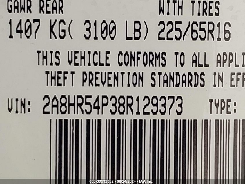 2008 Chrysler Town & Country Touring VIN: 2A8HR54P38R129373 Lot: 39592382