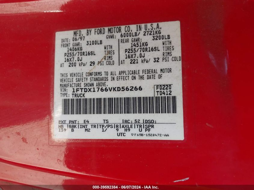 1997 Ford F-150 Lariat/Standard/Xl/Xlt VIN: 1FTDX1766VKD56266 Lot: 39592384