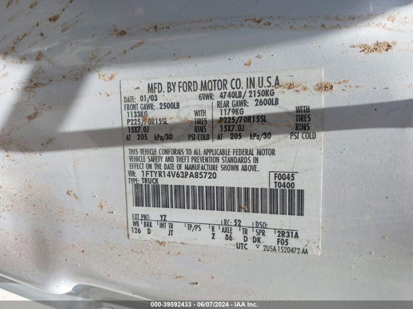 2003 Ford Ranger Edge/Tremor/Xl/Xlt VIN: 1FTYR14V63PA85720 Lot: 39592433