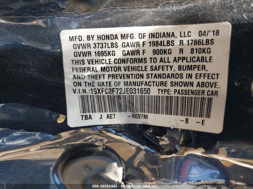 2018 Honda Civic Ex VIN: 19XFC2F72JE031650 Lot: 39592445