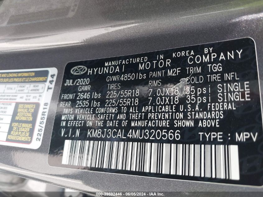 2021 Hyundai Tucson Sel VIN: KM8J3CAL4MU320566 Lot: 39592446