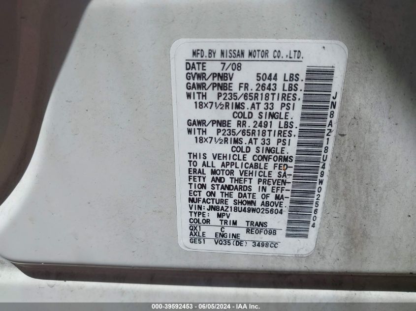 2009 Nissan Murano Sl VIN: JN8AZ18U49W025604 Lot: 39592453