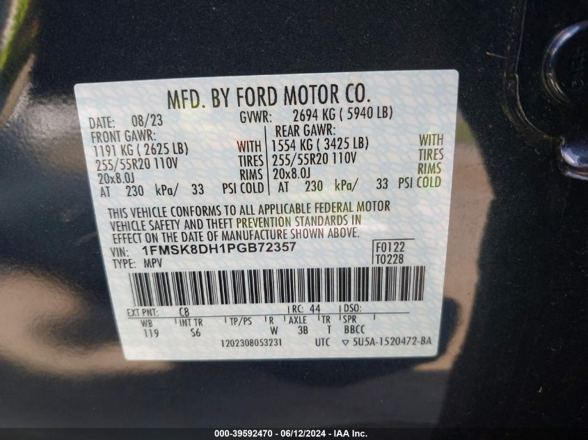 2023 Ford Explorer Xlt VIN: 1FMSK8DH1PGB72357 Lot: 39592470