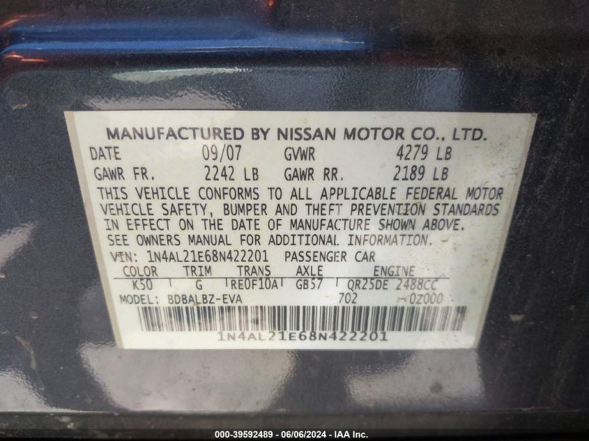 2008 Nissan Altima 2.5 S VIN: 1N4AL21E68N422201 Lot: 39592489
