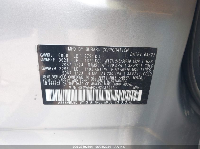 2022 Subaru Ascent Touring VIN: 4S4WMARD8N3432959 Lot: 39592504