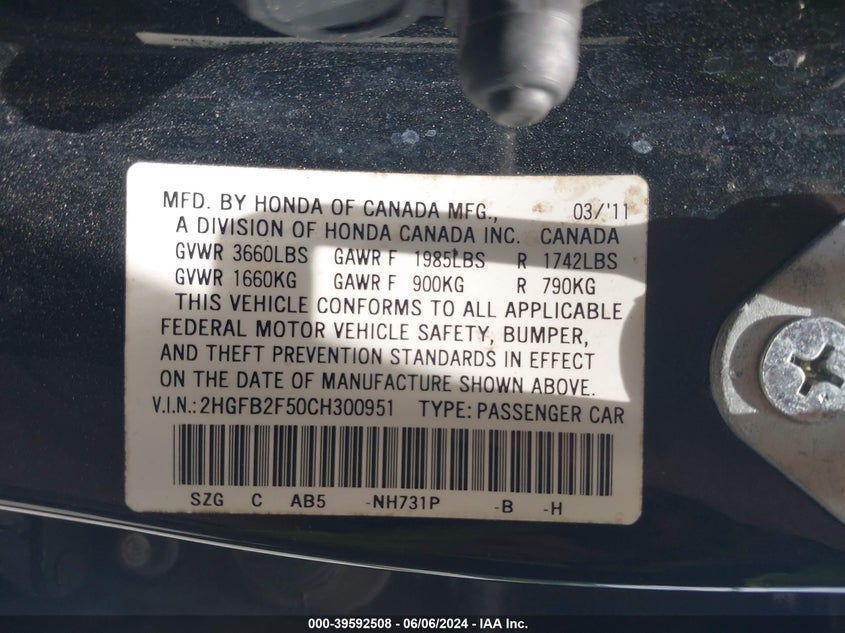 2012 Honda Civic Lx VIN: 2HGFB2F50CH300951 Lot: 39592508