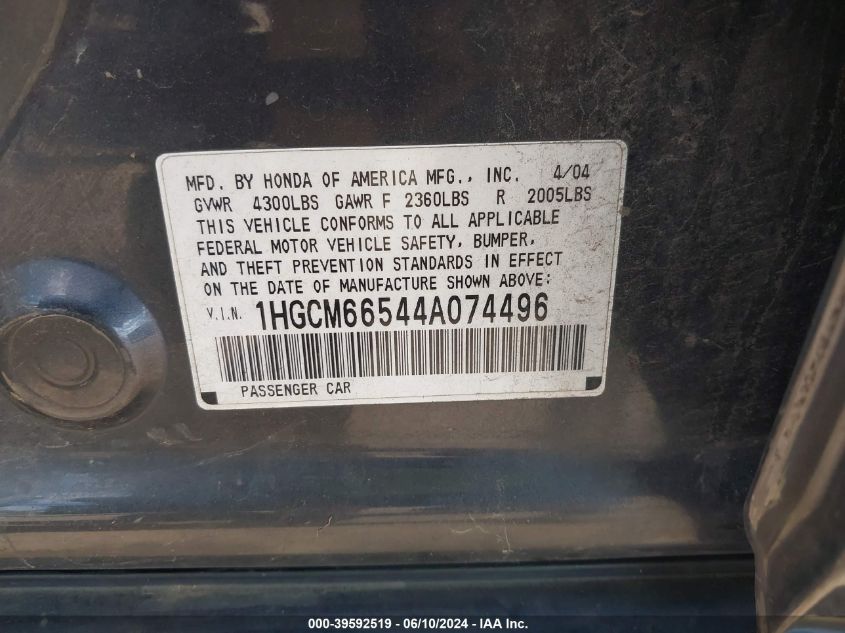 2004 Honda Accord 3.0 Ex VIN: 1HGCM66544A074496 Lot: 39592519