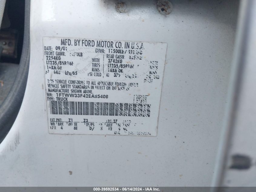 2002 Ford F-350 Lariat/Xl/Xlt VIN: 1FTWW33F42EA85408 Lot: 39592534