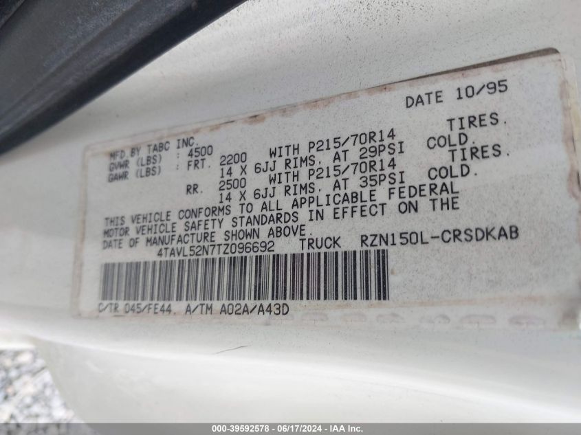 1996 Toyota Tacoma Xtracab VIN: 4TAVL52N7TZ096692 Lot: 39592578