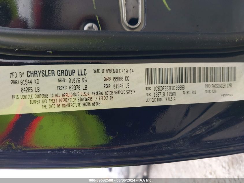 2015 Dodge Dart Gt VIN: 1C3CDFEB3FD193698 Lot: 39592588