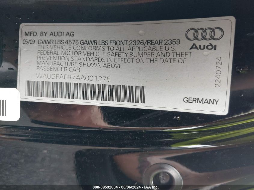 2010 Audi A5 2.0T Premium VIN: WAUGFAFR7AA001275 Lot: 39592604