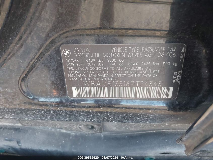 2006 BMW 325I VIN: WBAVB13516PT24343 Lot: 39592620
