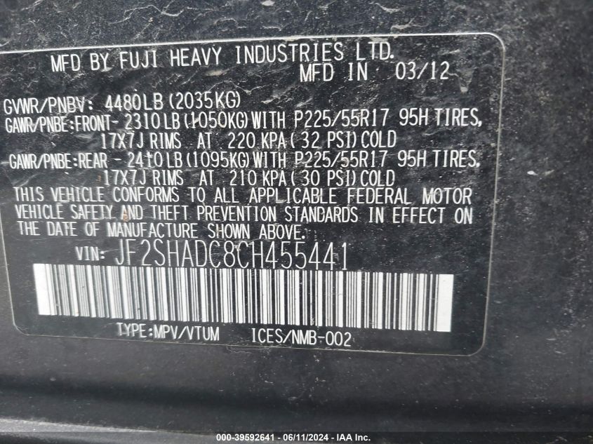 2012 Subaru Forester 2.5X Premium VIN: JF2SHADC8CH455441 Lot: 39592641