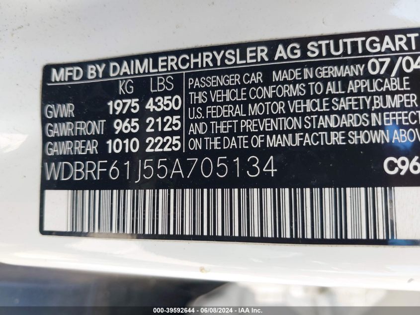 2005 Mercedes-Benz C 240 Luxury VIN: WDBRF61J55A705134 Lot: 39592644