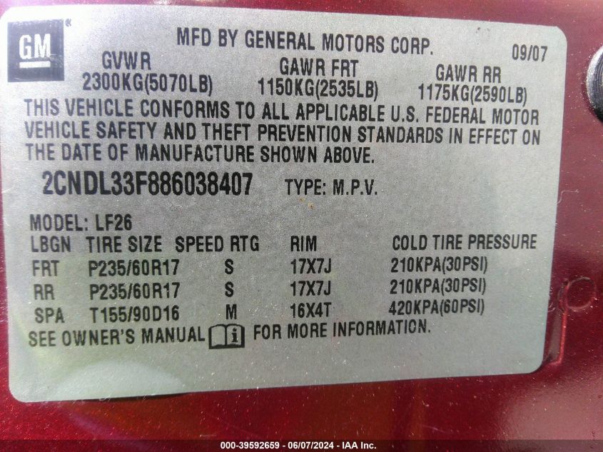 2008 Chevrolet Equinox Lt VIN: 2CNDL33F886038407 Lot: 39592659