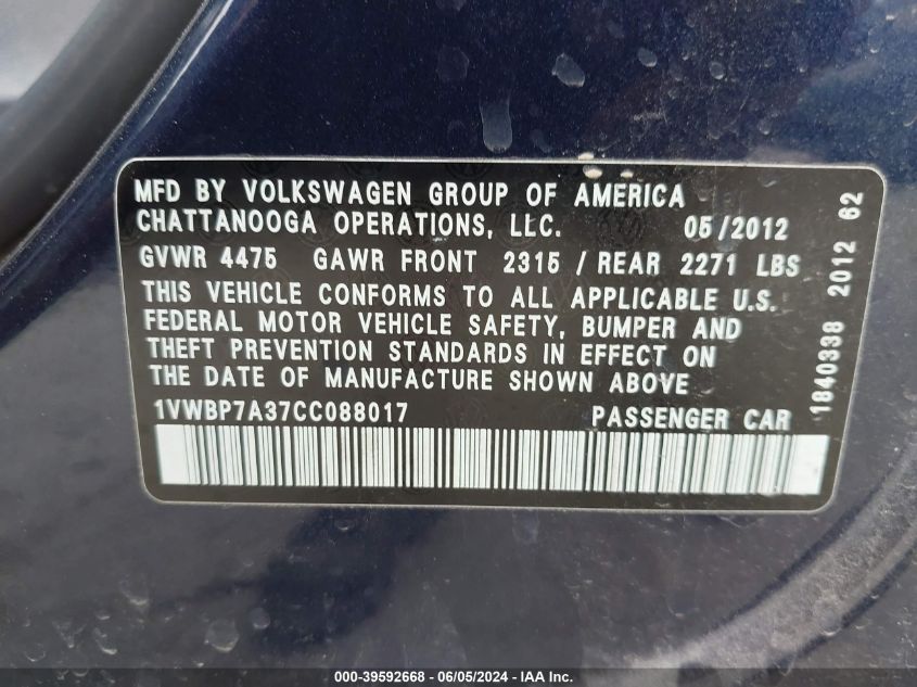 2012 Volkswagen Passat 2.5L Se VIN: 1VWBP7A37CC088017 Lot: 39592668