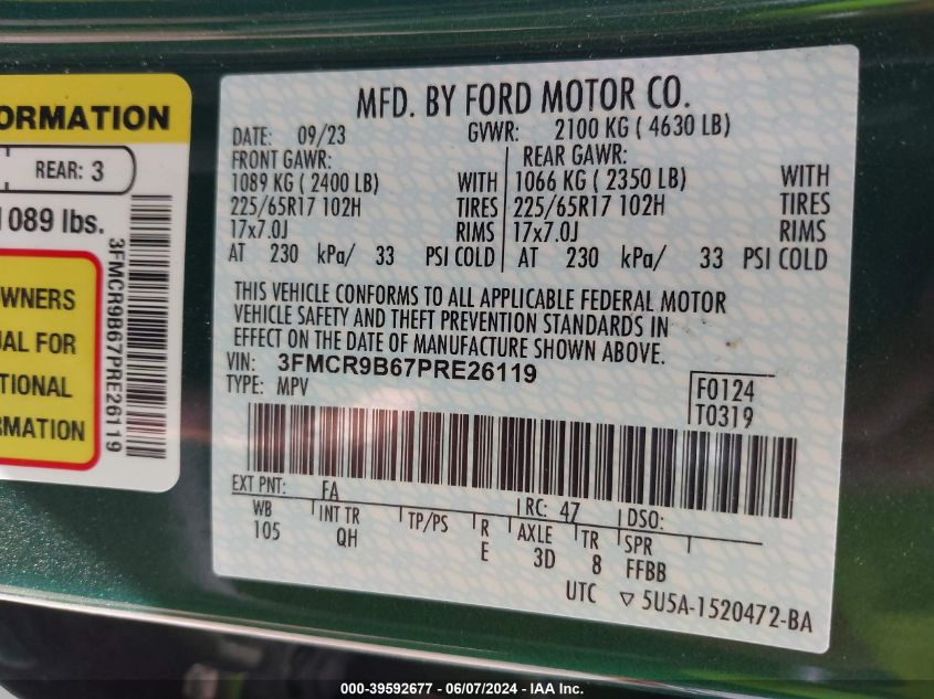 2023 Ford Bronco Sport Big Bend VIN: 3FMCR9B67PRE26119 Lot: 39592677