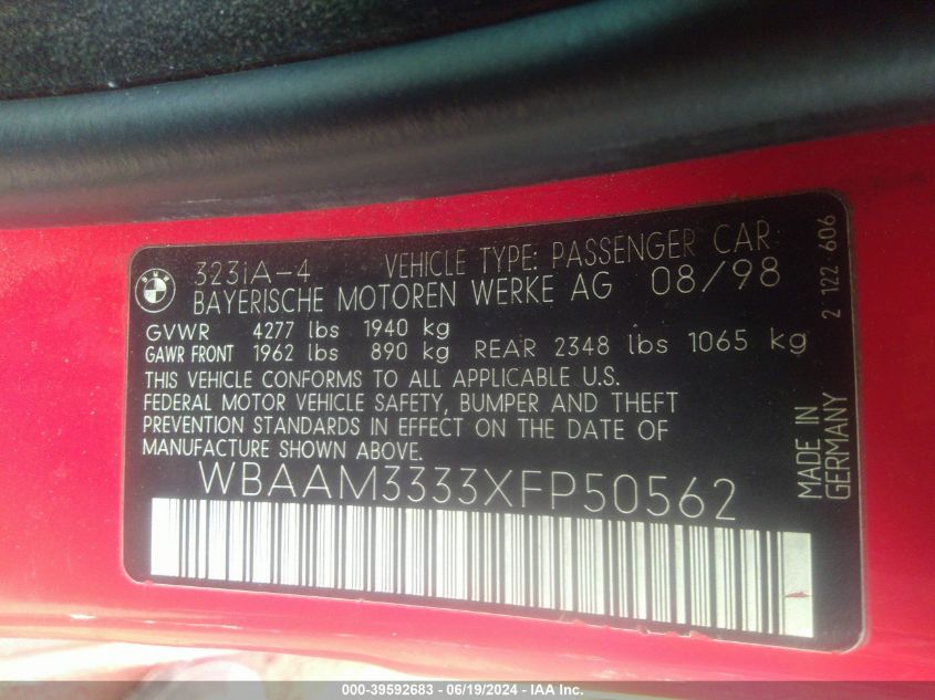 1999 BMW 323I VIN: WBAAM3333XFP50562 Lot: 39592683