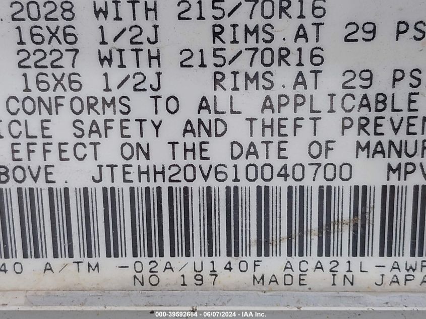 2001 Toyota Rav4 VIN: JTEHH20V610040700 Lot: 39592684