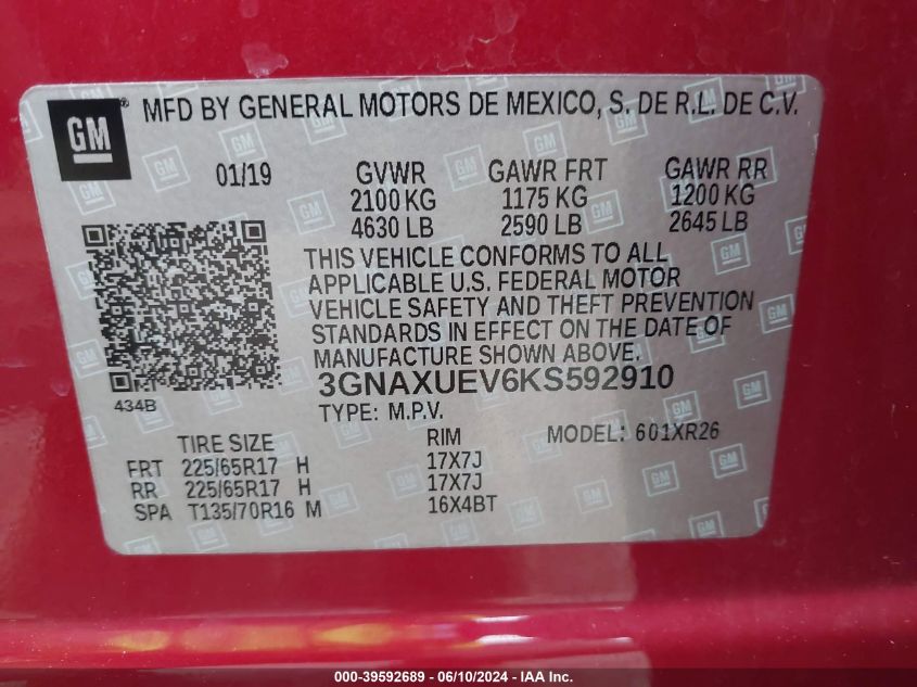 2019 Chevrolet Equinox Lt VIN: 3GNAXUEV6KS592910 Lot: 39592689