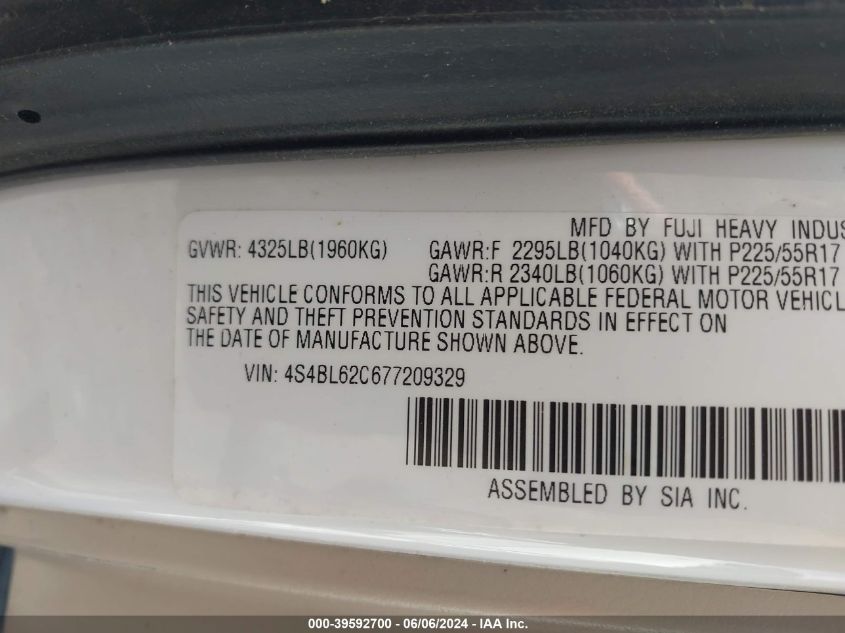 2007 Subaru Outback 2.5I Limited VIN: 4S4BL62C677209329 Lot: 39592700