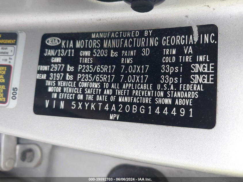 2011 Kia Sorento Lx V6 VIN: 5XYKT4A20BG144491 Lot: 39592703