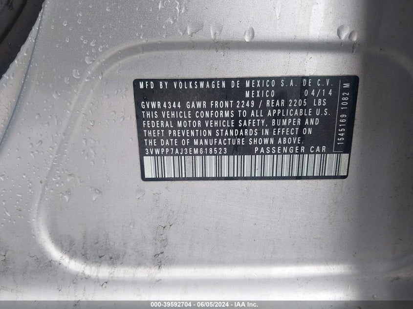 2014 Volkswagen Jetta Sportwagen 2.5L S VIN: 3VWPP7AJ3EM618523 Lot: 39592704