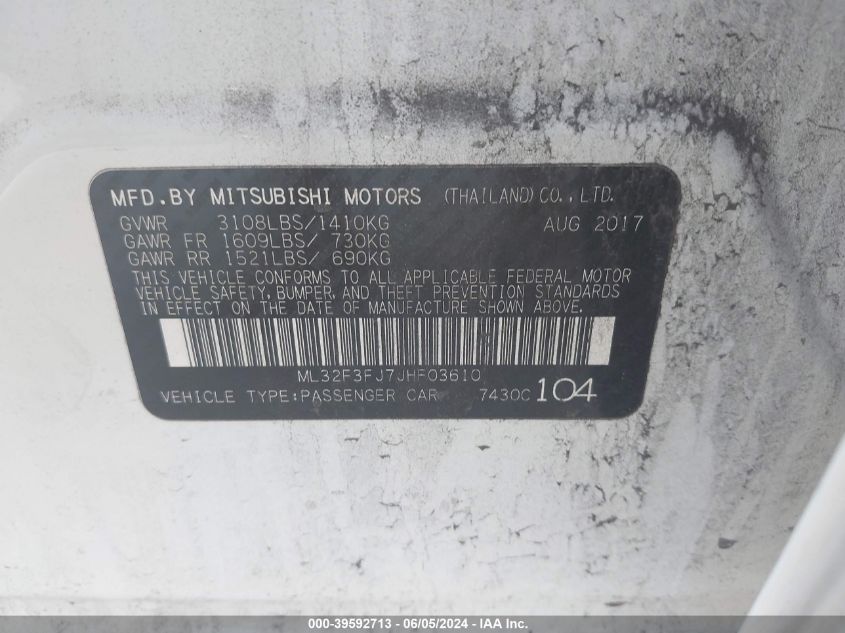 2018 Mitsubishi Mirage G4 Es VIN: ML32F3FJ7JHF03610 Lot: 39592713