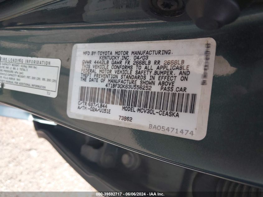 2003 Toyota Camry Le V6/Se V6/Xle V6 VIN: 4T1BF30K63U556252 Lot: 39592717