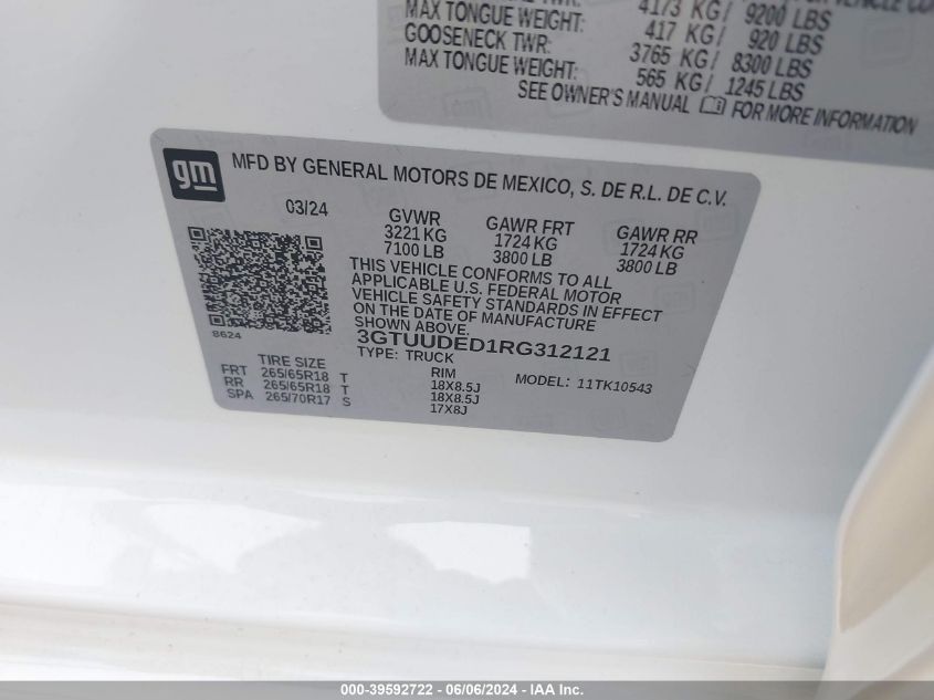 2024 GMC Sierra 1500 Slt VIN: 3GTUUDED1RG312121 Lot: 39592722