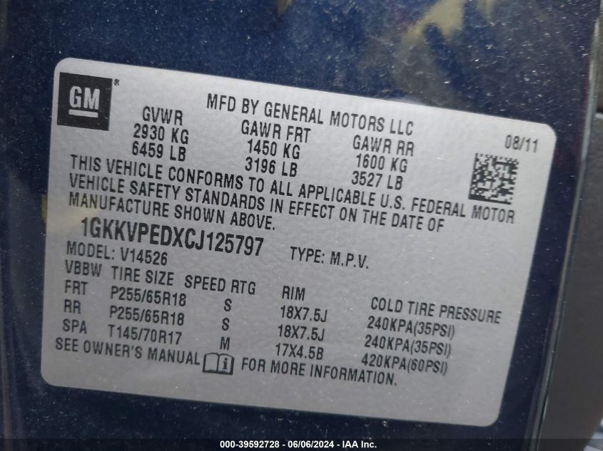 2012 GMC Acadia Sle VIN: 1GKKVPEDXCJ125797 Lot: 39592728