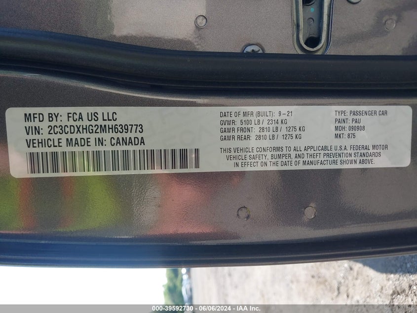 2021 Dodge Charger Gt Rwd VIN: 2C3CDXHG2MH639773 Lot: 39592730