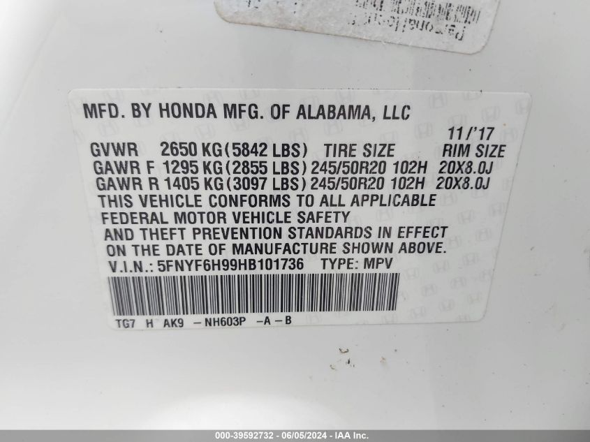 2017 Honda Pilot Touring VIN: 5FNYF6H99HB101736 Lot: 39592732