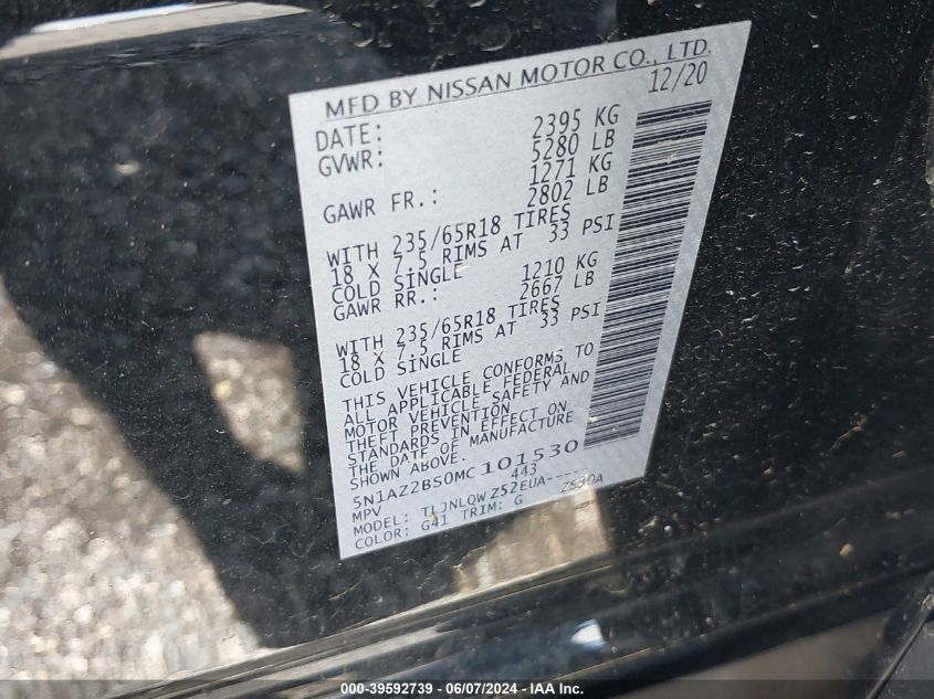 2021 Nissan Murano Sv Intelligent Awd VIN: 5N1AZ2BS0MC101530 Lot: 39592739