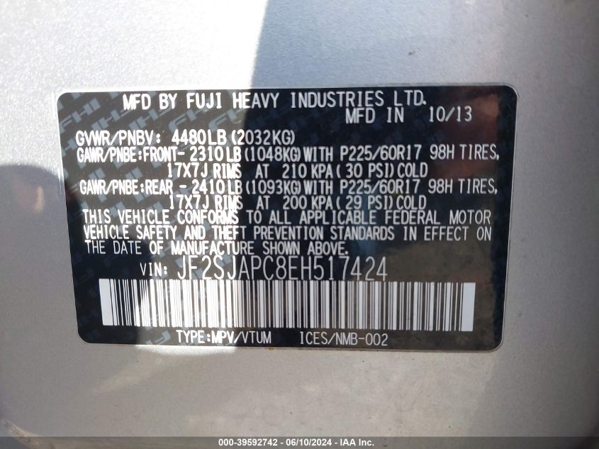 2014 Subaru Forester 2.5I Touring VIN: JF2SJAPC8EH517424 Lot: 39592742