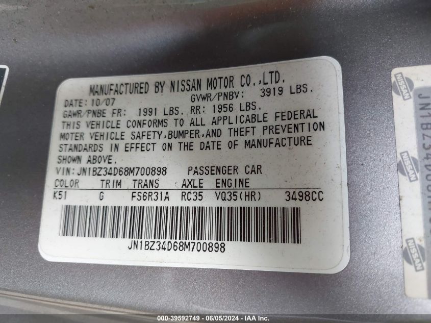 2008 Nissan 350Z Enthusiast VIN: JN1BZ34D68M700898 Lot: 39592749
