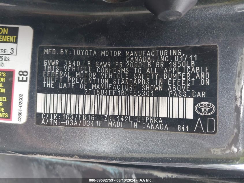 2011 Toyota Corolla Le VIN: 2T1BU4EE1BC555301 Lot: 39592759