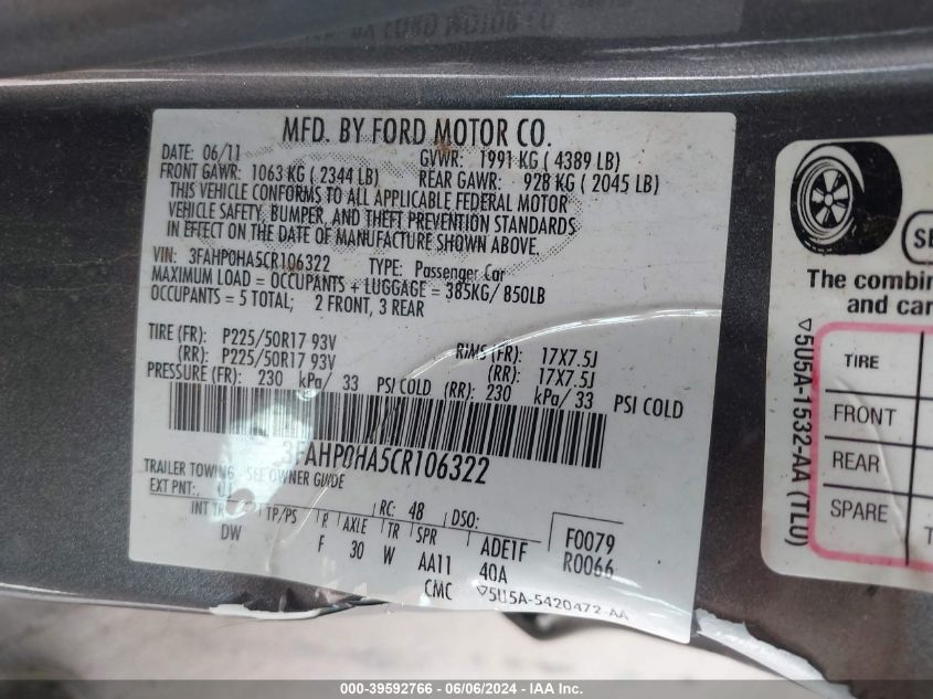 2012 Ford Fusion Se VIN: 3FAHP0HA5CR106322 Lot: 39592766