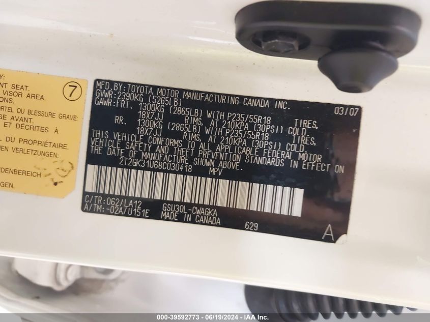 2008 Lexus Rx 350 VIN: 2T2GK31U68C030418 Lot: 39592773