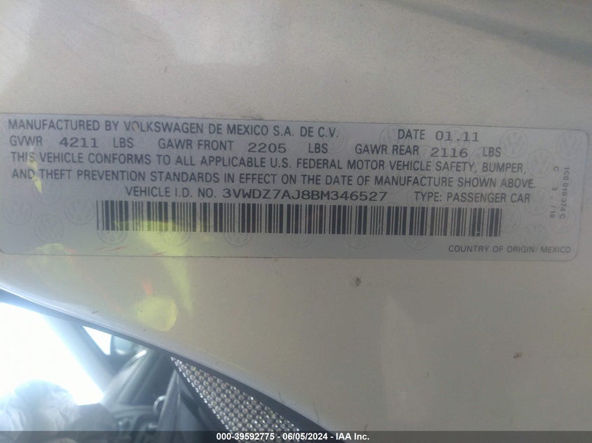 2011 Volkswagen Jetta 2.5L Se VIN: 3VWDZ7AJ8BM346527 Lot: 39592775
