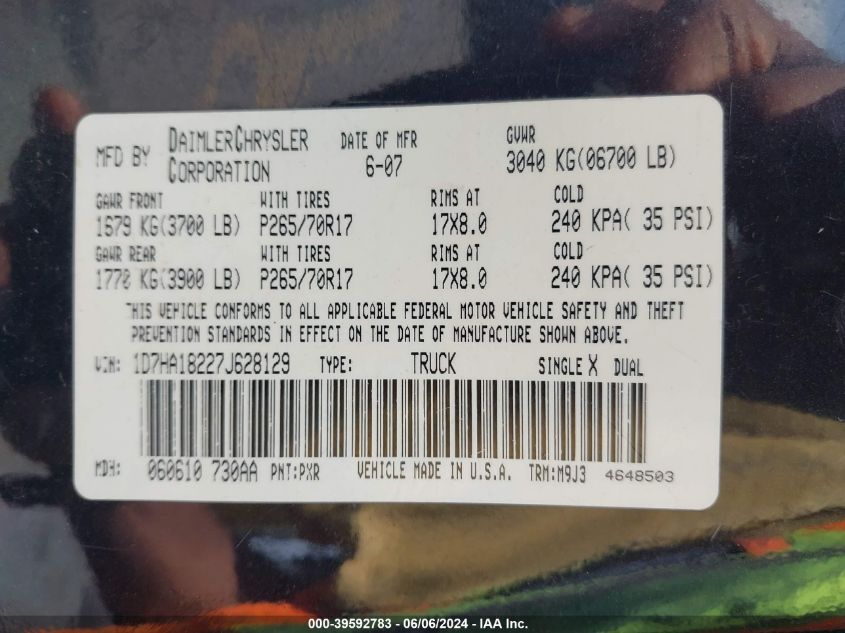 2007 Dodge Ram 1500 Slt VIN: 1D7HA18227J628129 Lot: 43237823